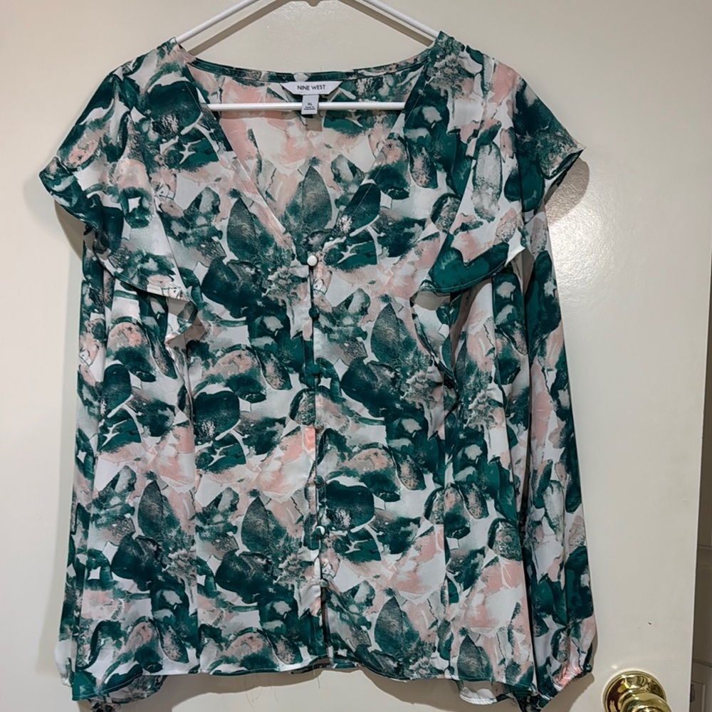 Nine West Green Floral Women's Top V neck long sleeve XL